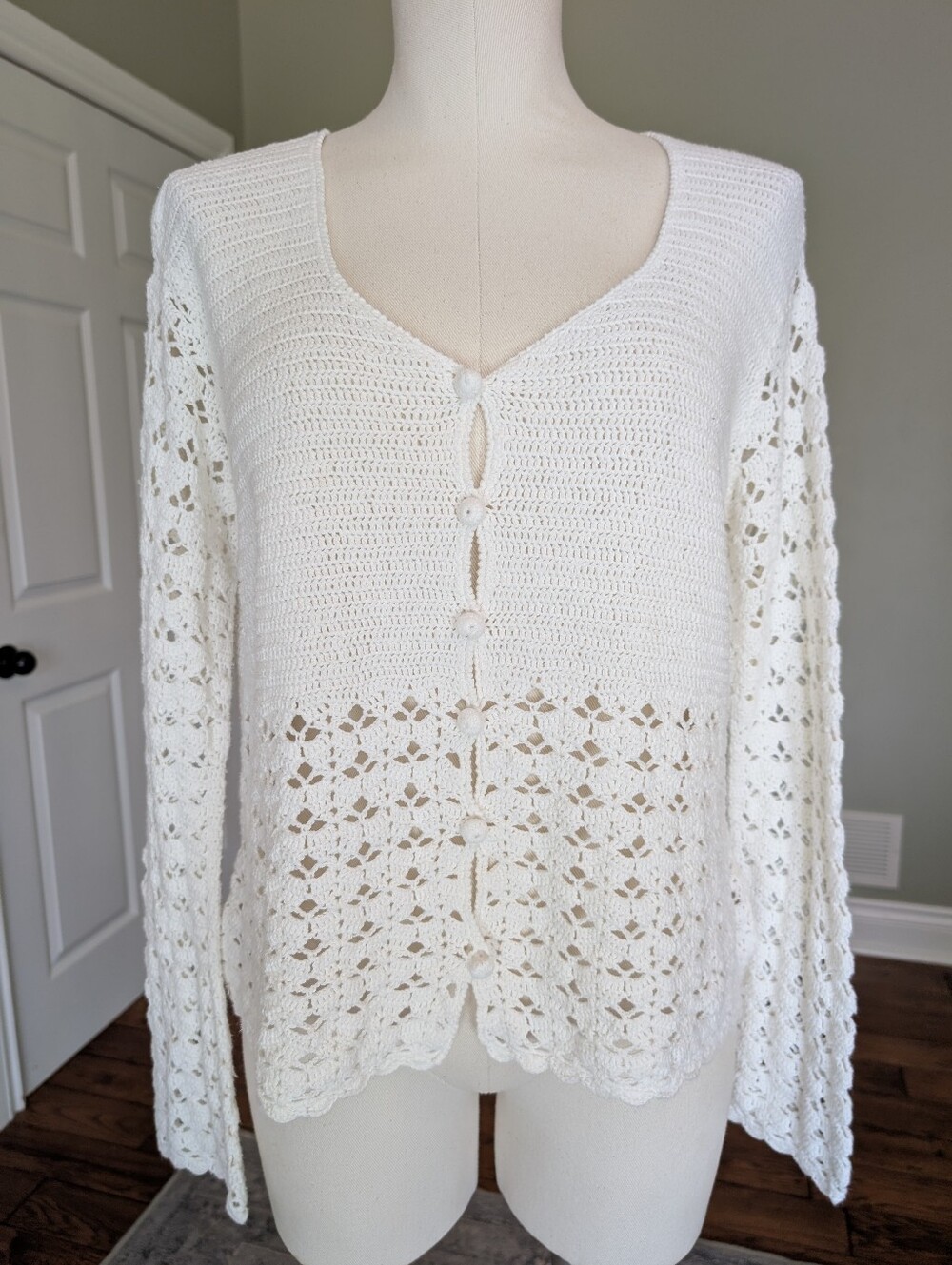 Premier Collection Women's Cotton Cardigan White Crochet Knit Boho Large